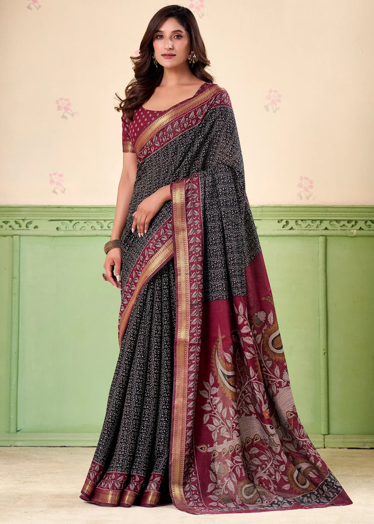 Cool Black kalamkari Printed Cotton Silk Saree