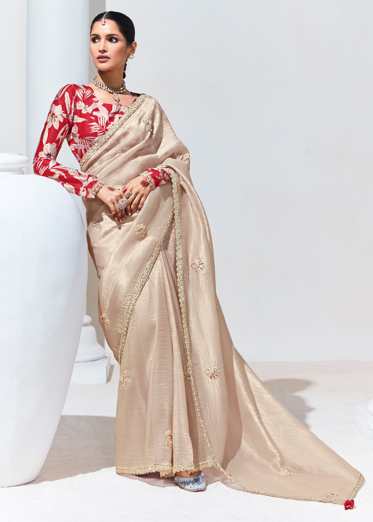 Pastel White Designer Organza Tissue Silk Saree With Printed Blouse