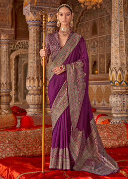 Wine Purple Printed Kashmiri Jamewar Saree