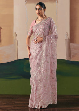 Light Pink Embroidered Designer Silk Saree