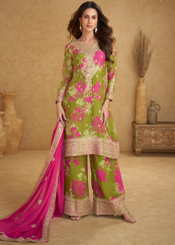 Green and Pink Embroidered Plazzo Set