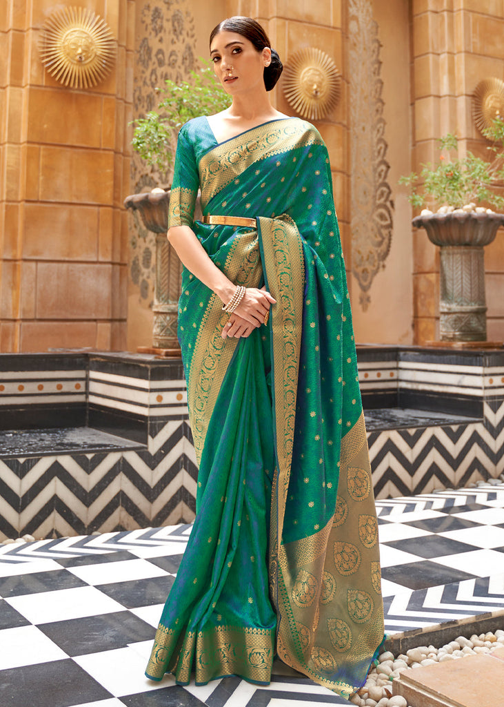 EMERALD GREEN AND GOLD WOVEN KANJIVARAM SAREE (6946400338113)