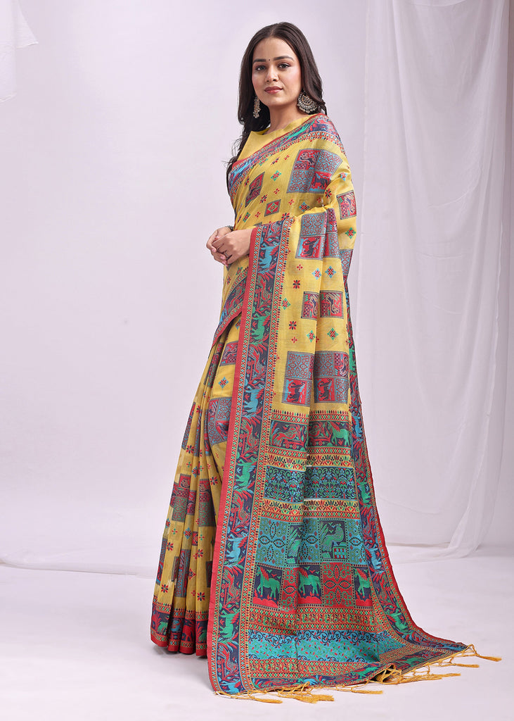 Empire Yellow Woven Linen Cotton Saree