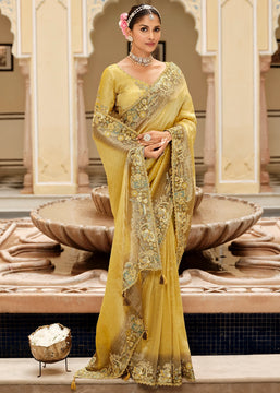 Yellow Designer Embroidered Silk Saree