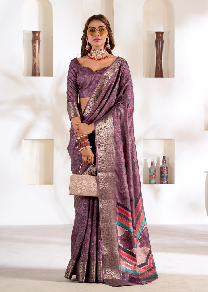Mauve Purple Banarasi Printed Soft Silk Saree