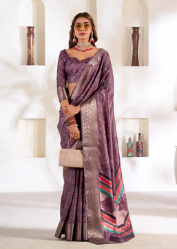 Mauve Purple Banarasi Printed Soft Silk Saree