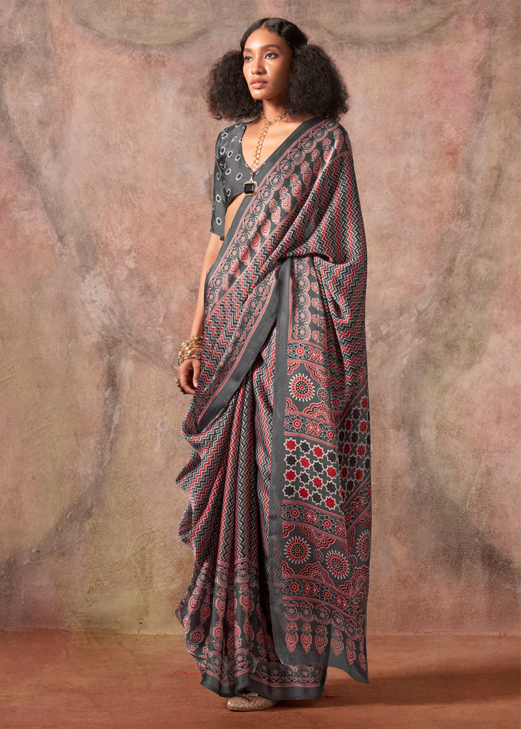 Metalic Grey Printed Crepe Satin Silk Saree
