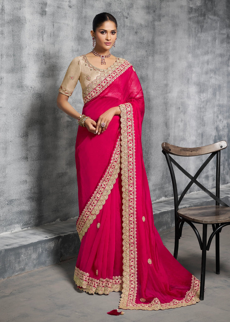 Hot Pink Embroidered Satin Silk Saree