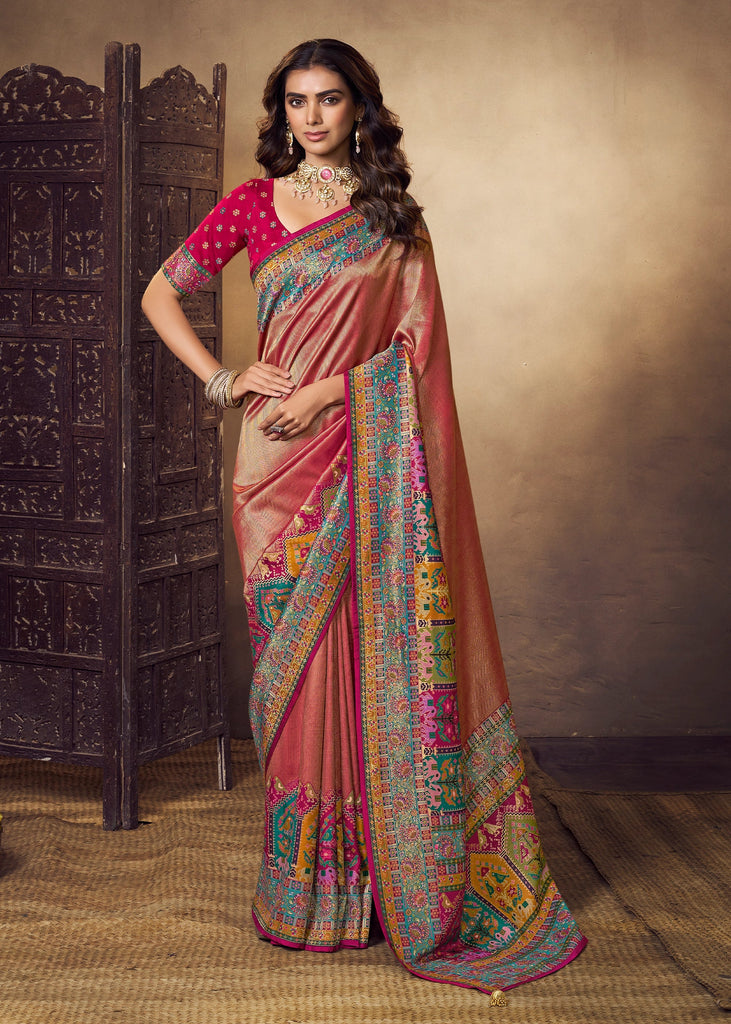 Golden Red Dual Tone Woven Soft Silk Saree