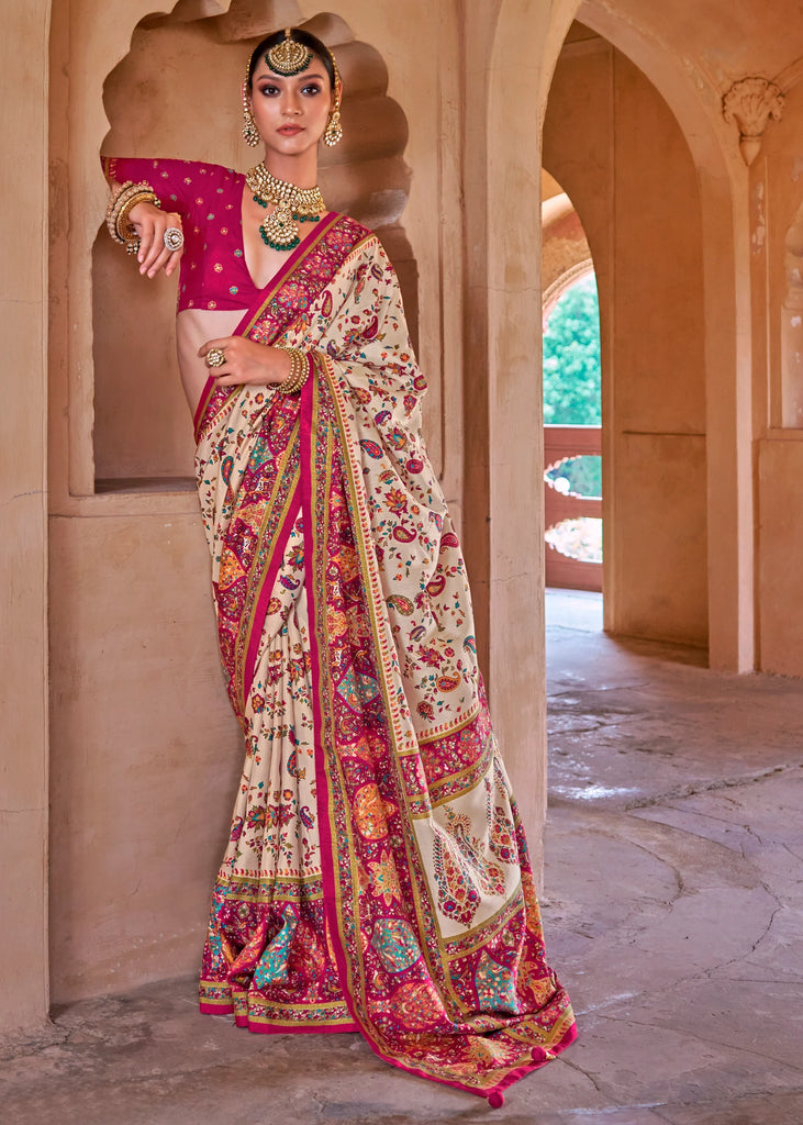 Off White Printed Kashmiri Jamewar Saree