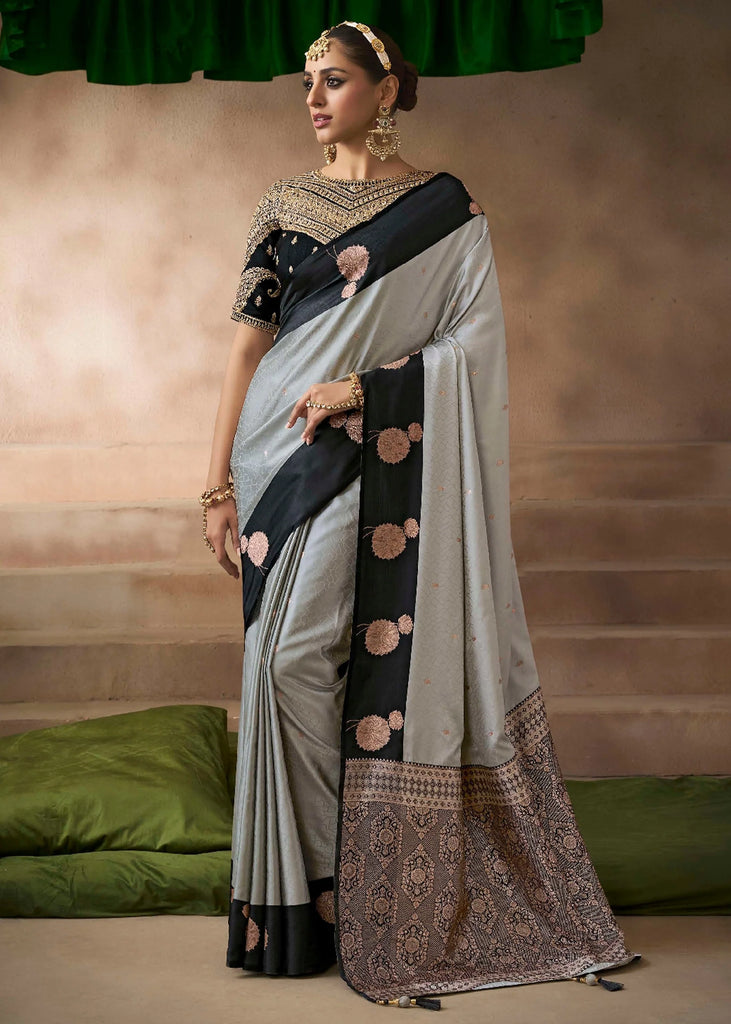 “Exclusive Offer” : Grey & Black Woven Banarasi Satin Silk Saree