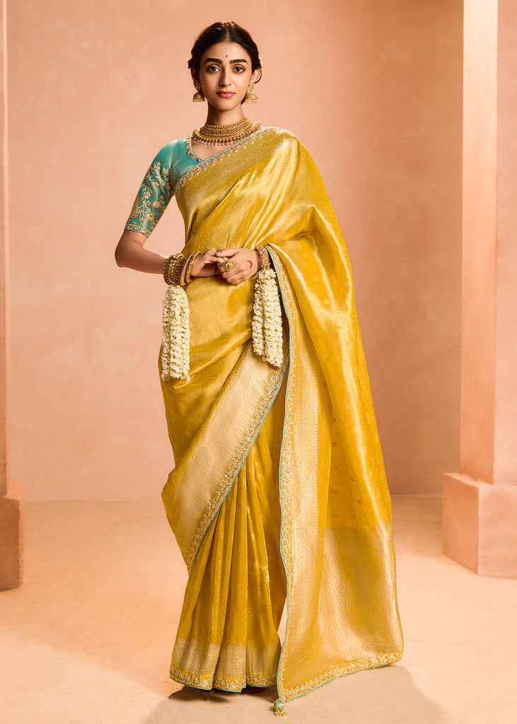 Haldi Yellow Woven Banarasi Designer Tissue Silk Saree With Embroidered Blouse