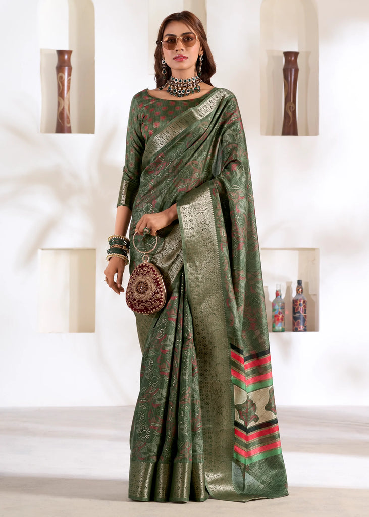 Saga Green Banarasi Printed Soft Silk Saree