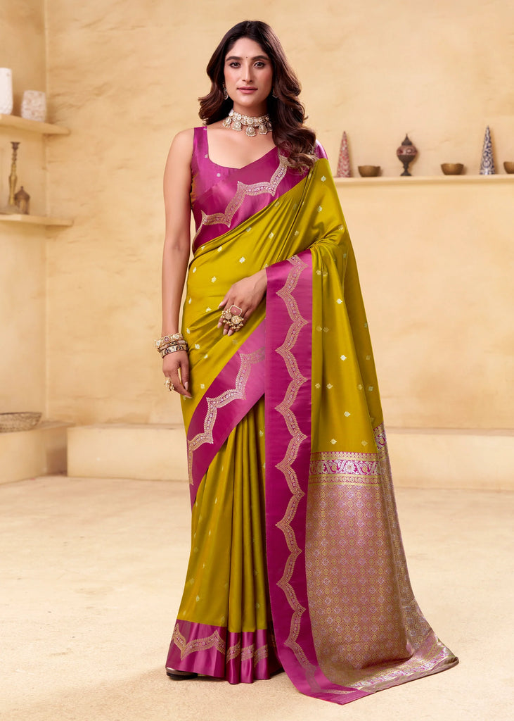 Olive Green Woven Satin Silk Saree
