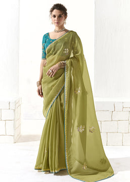 Lime Green Designer Organza Tissue Silk Saree