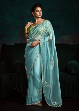 Norse Blue Designer Tissue Silk Saree With Printed Blouse