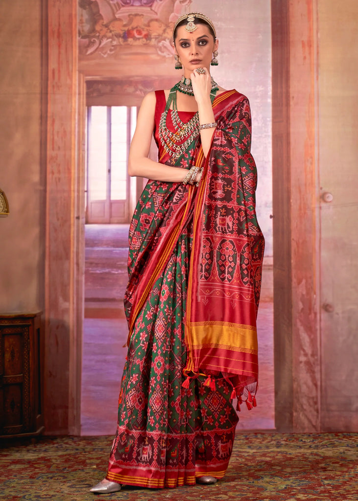 Green Red Printed Patola Silk Saree