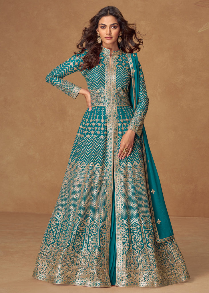 Deep Peacock Blue Embroidered Georgette Anarkali with Dupatta