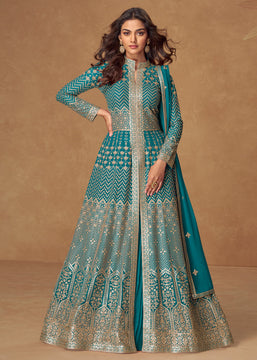 Deep Peacock Blue Embroidered Georgette Anarkali with Dupatta