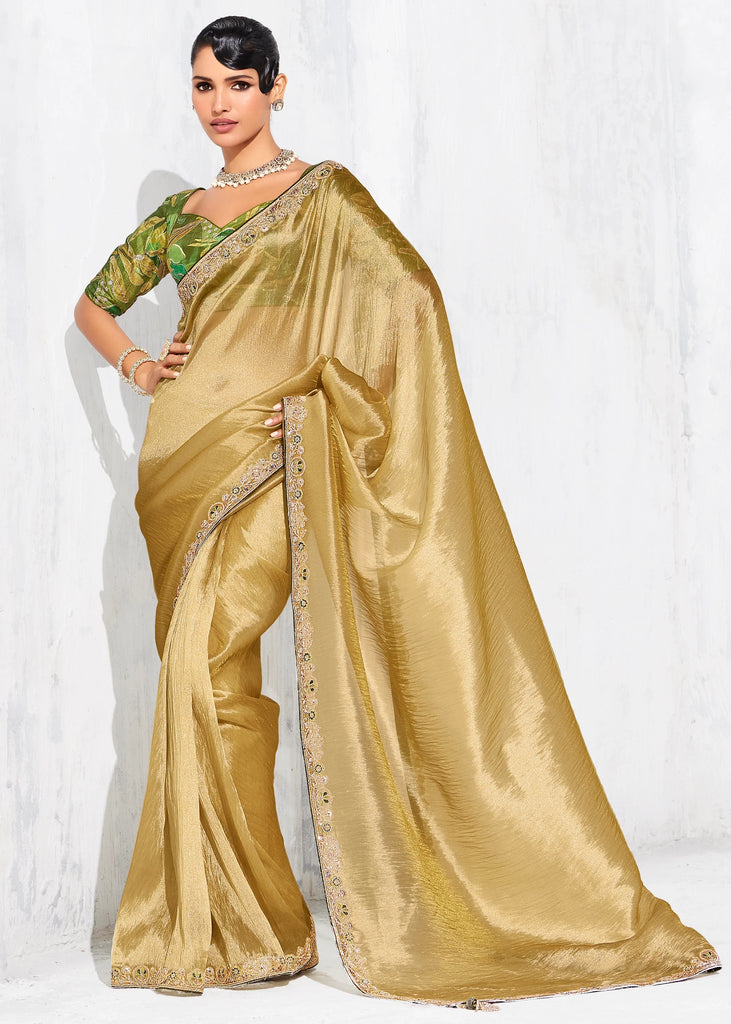 Golden Yellow Embroidered Designer Silk Saree