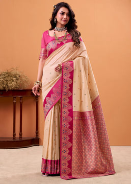 Cream And Pink Banarasi Satin Silk Saree