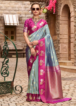 Silver Grey Banarasi Satin Silk Saree