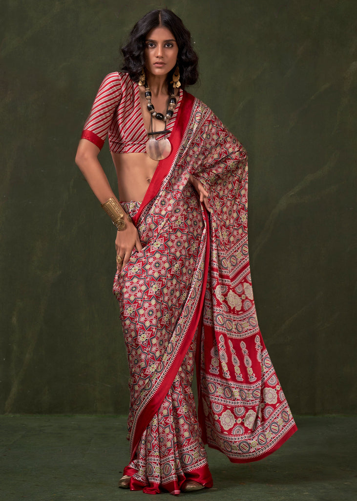 Poppy Red Printed Satin Crepe Silk Saree