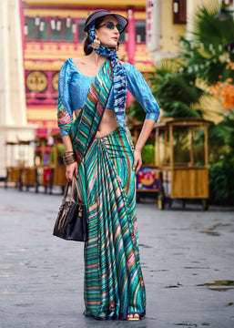 Turquoise Blue Satin Crepe Printed Silk Saree