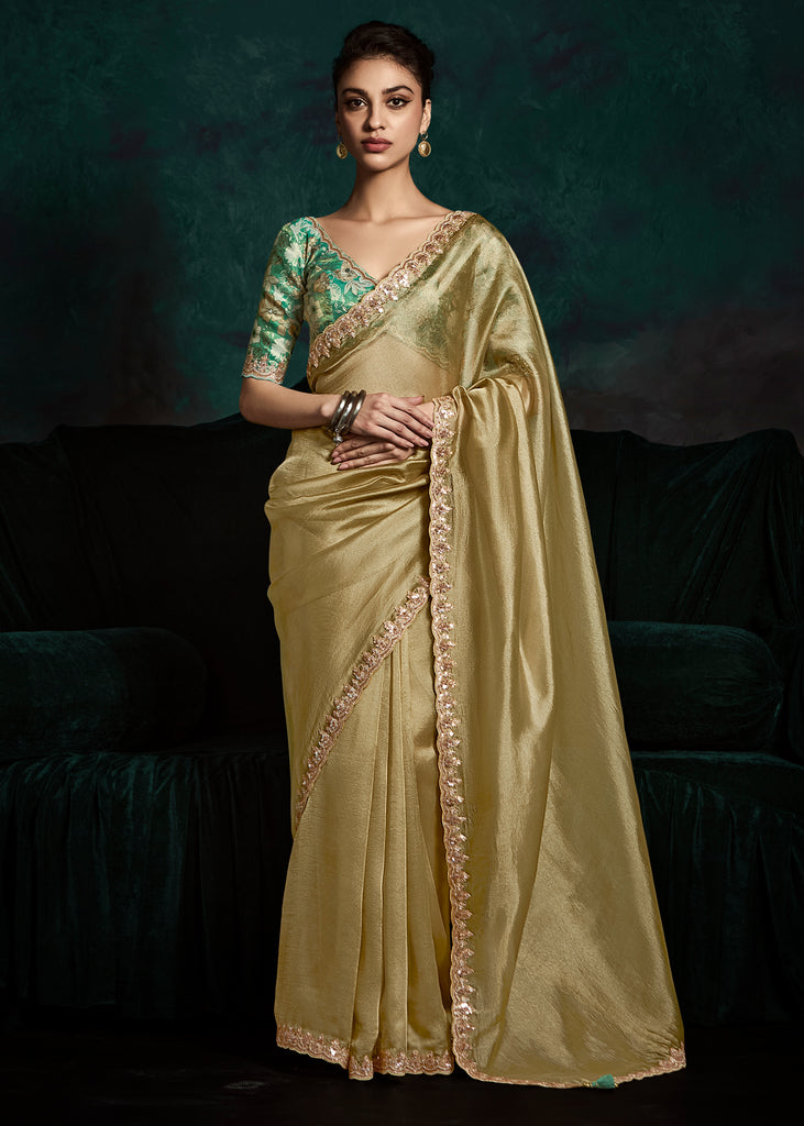 Golden Green Designer Tissue Silk Saree With Printed Blouse