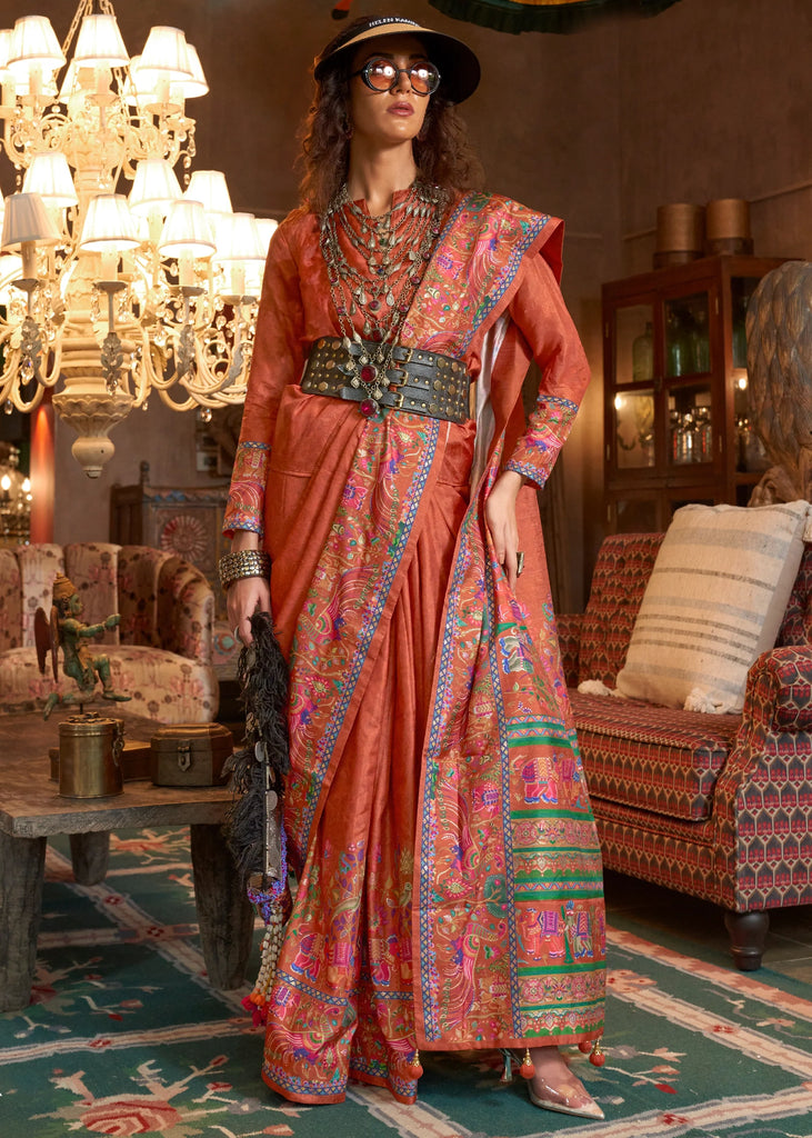 Ginger Red Madhubani Printed Saree