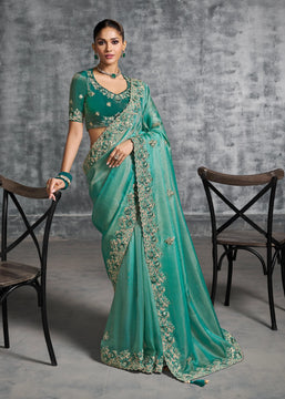 Sea Green Embroidered Tissue Silk Saree