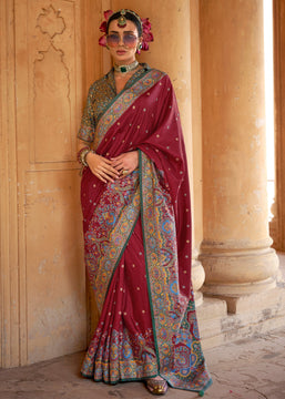 Royal Maroon Printed Silk Saree With Contrast Blouse