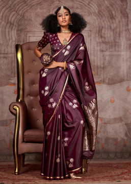 Wine Purple Banarasi Satin Silk Saree With Brocade Blouse