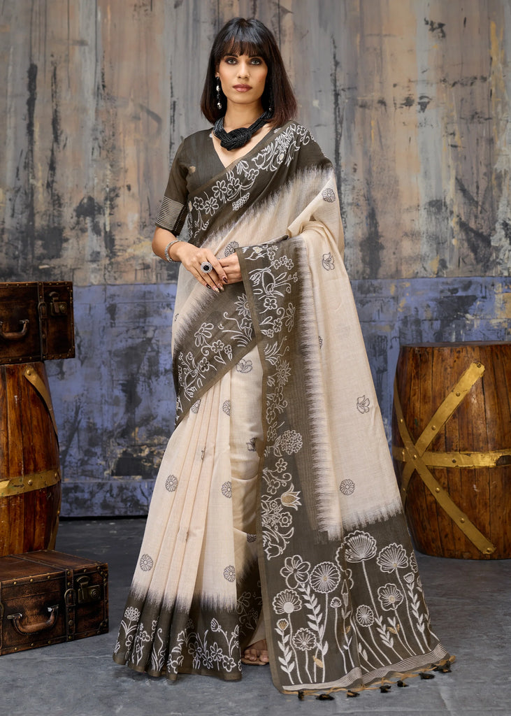 Olive Green Printed Cotton Silk Saree