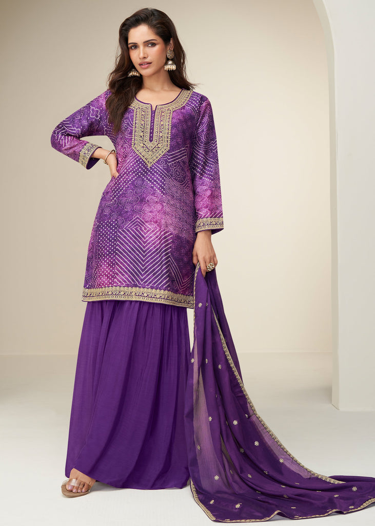 Royal Purple Bandhej Print Embroidered Sharara Set