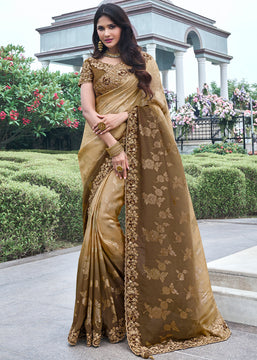 Safari Beige Heavy Embroidered Designer Silk Saree (10580183220417)