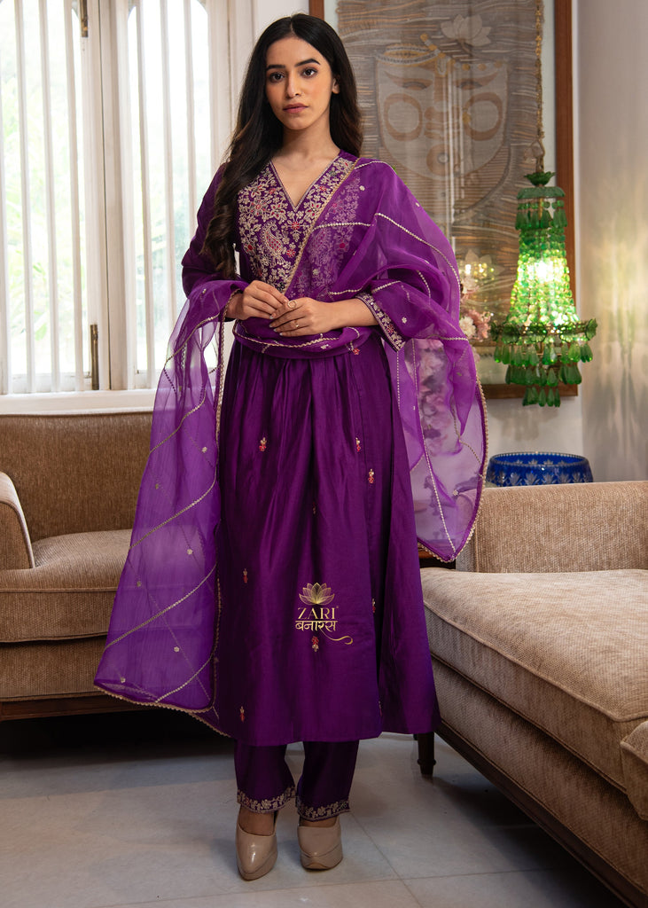 Royal Iris Purple Embroidered Saree (10702047117505)
