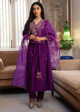 Royal Iris Purple Embroidered Saree (10702047117505)