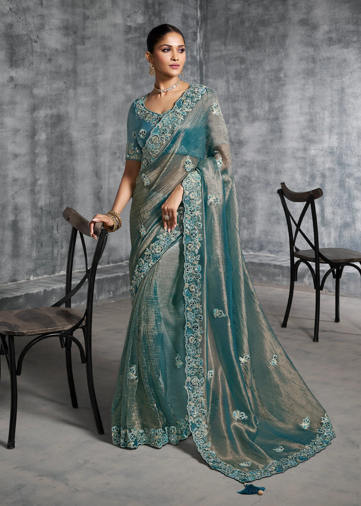 Teal Blue Embroidered Tissue Silk Saree