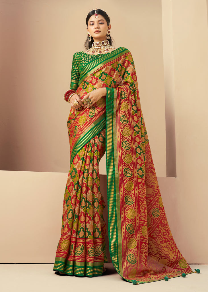 Green And Red Printed Georgette Saree