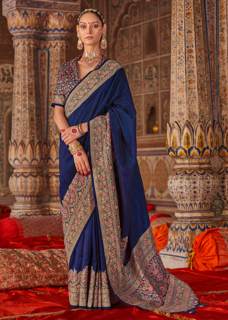 Depth Blue Printed Kashmiri Jamewar Saree