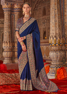 Depth Blue Printed Kashmiri Jamewar Saree