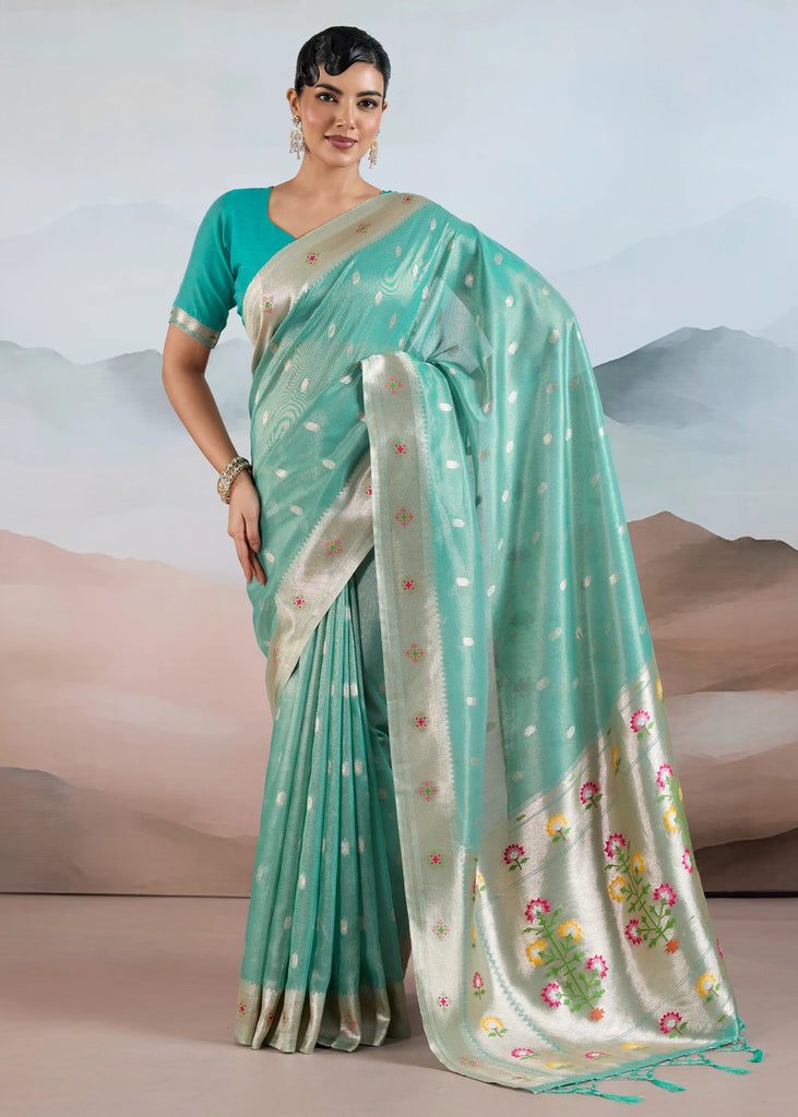 Ocean Green Woven Banarasi Tissue Silk Saree