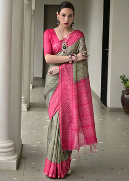 Dusty Green & Pink Printed Tussar SIlk Saree
