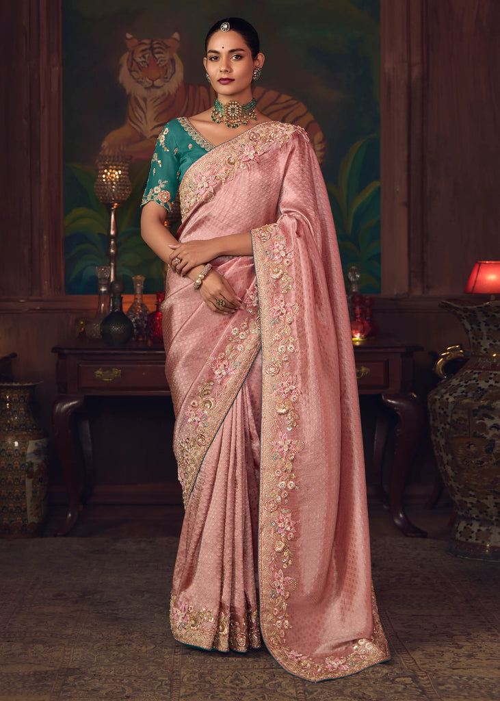 Ruby Pink Woven Embroidered Saree