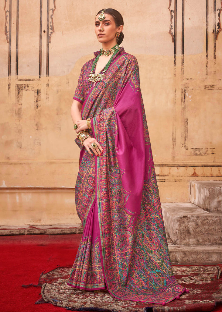 Fuchsia Purple Printed Kashmiri Jamewar Saree