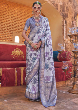 Lilac Purple Floral Printed Silk Saree With Contrast Border