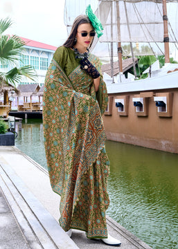 Shale Green Satin Crepe Digital Printed Saga Saree With Contrast Blouse