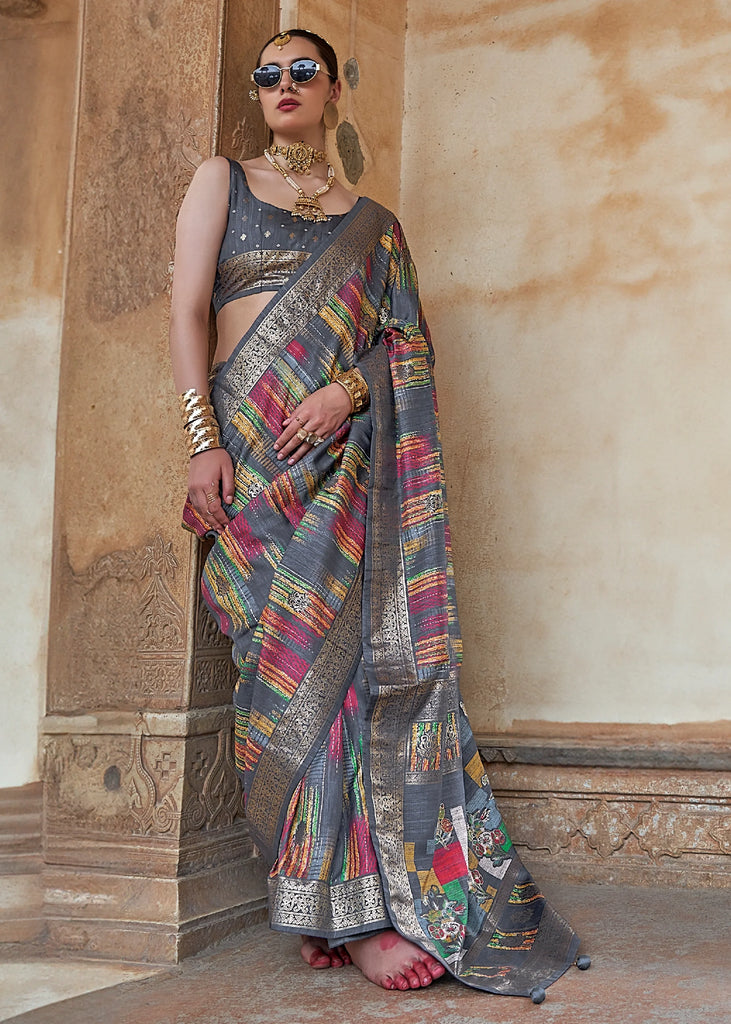 Frost Grey Printed Soft Silk Saree