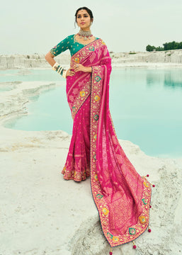 Magenta Pink Woven Georgette Bandhej Designer Saree